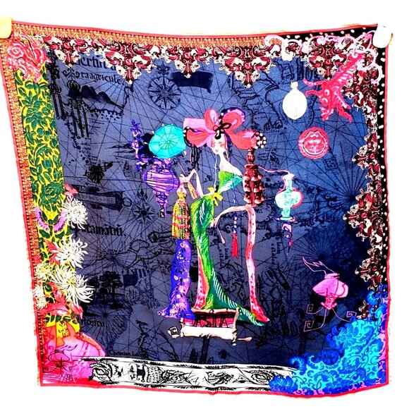 Christian LaCroix Silk Scarf Vintage 80s Asia NWOT Cartes de Voyages Series - Picture 1 of 14